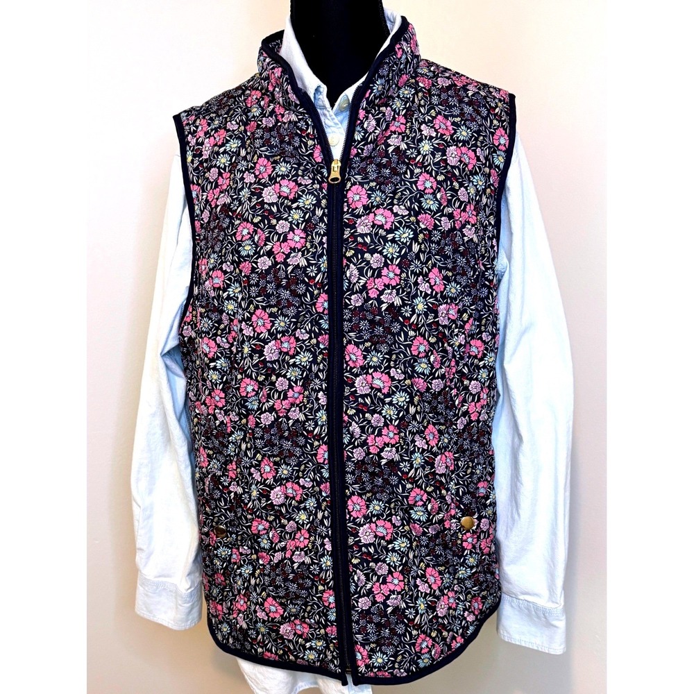 Croft & Barrow Womens (L) Navy Pink Floral Quilted Vest Zip Up Cinch Back